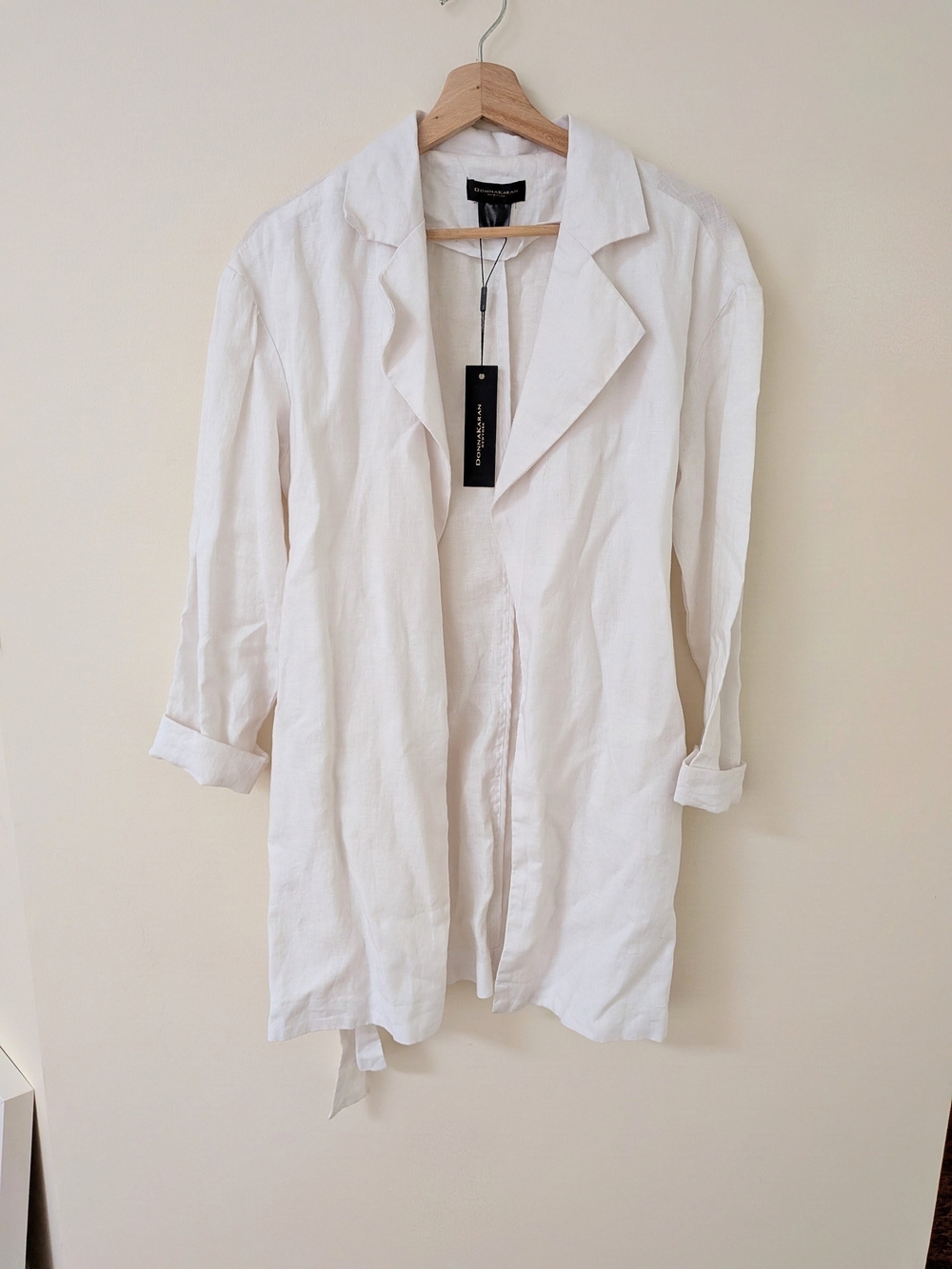 NWT Donna Karan New York 100% Linen Belted Wrap Duster Jacket / Blazer, White XS